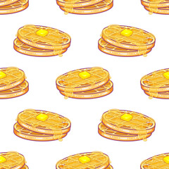 Honey Drizzled Waffles Breakfast Seamless Pattern Cute Pastel Food Illustration