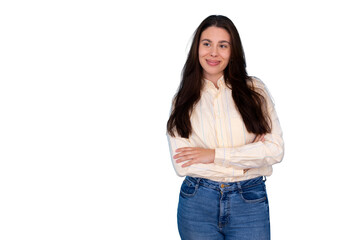 Obraz premium Studio shot of a cheerful businesswoman with crossed arms, exuding confidence and professionalism, on a transparent background