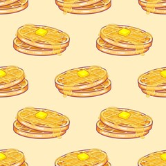 Honey Drizzled Waffles Breakfast Seamless Pattern Cute Pastel Food Illustration