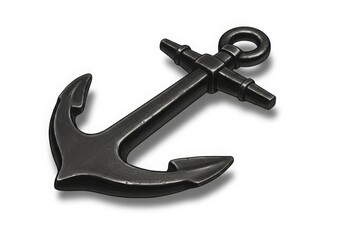 A dark metallic anchor is positioned on a plain white surface on isoleted white background