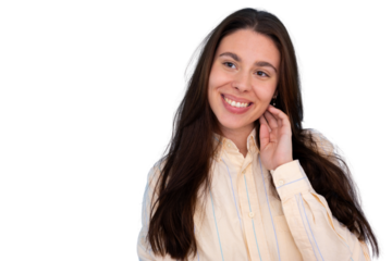 Studio portrait of a young cheerful businesswoman touching her face and smiling, isolated on transparent background