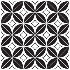 Geometric Floral Tile Pattern. Seamless Black and White Abstract Background, Vector geometric monochrome seamless pattern with curved shapes