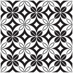 Geometric Floral Tile Pattern. Seamless Black and White Abstract Background, Vector geometric monochrome seamless pattern with curved shapes