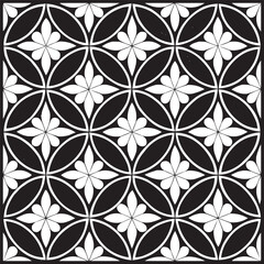 Geometric Floral Tile Pattern. Seamless Black and White Abstract Background, Vector geometric monochrome seamless pattern with curved shapes