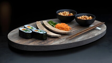 Artfully Plated Sushi with Vegetables and Dipping Sauces on a Wooden Board