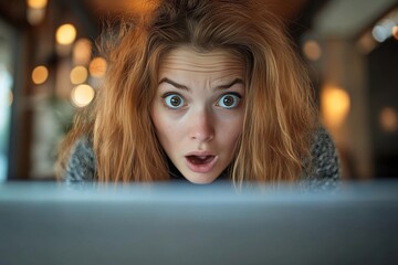 a woman's stunned reaction as she stares at her laptop screen, her eyes wide with disbelief.