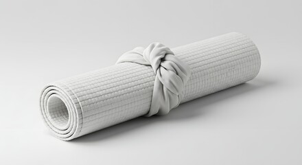Rolled up white yoga mat secured with a knotted white fabric band in a minimalist setting studio shot