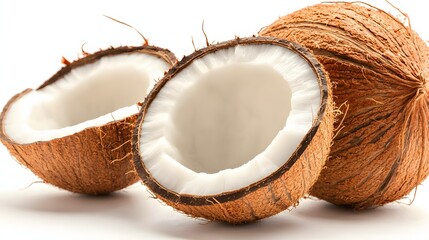 Halved Brown Coconut Revealing White Flesh on Light Background with Natural Textures and Details