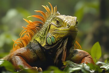 Obraz premium Close-up of Iguana Resting in Lush Green Foliage Wildlife Photo