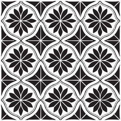 Geometric Floral Tile Pattern. Seamless Black and White Abstract Background, Vector geometric monochrome seamless pattern with curved shapes