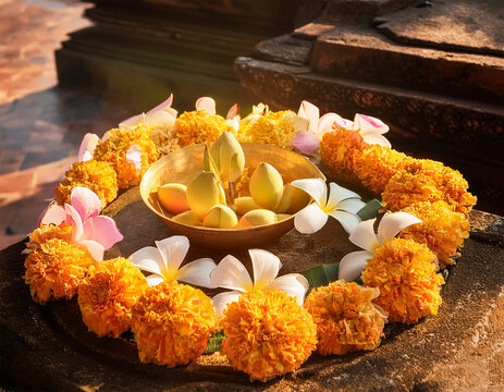 flower worship on yoni base in a sanctuary of the khmer stone temple in thailand