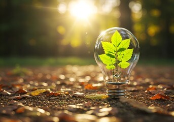 Clear lightbulb with green leaves inside on forest floor – photorealistic nature and technology fusion with sun flare