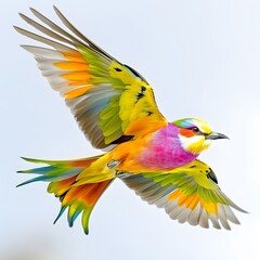 Fototapeta premium Colorful Bird in Flight with Vibrant Feathers Against a Soft Sky Background