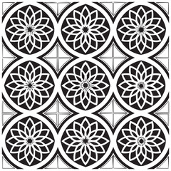 Geometric Floral Tile Pattern. Seamless Black and White Abstract Background, Vector geometric monochrome seamless pattern with curved shapes