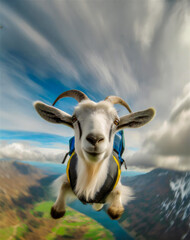 A goat wearing skydiving pack is falling from high altitude.