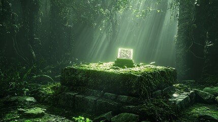 Ancient Stone Altar in Lush Green Jungle Mysterious Mystical Emerald Light Rays Illuminate Carved Symbol  Serene Tranquil Forest Setting 3d art moss  