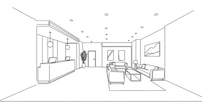 Minimalist hotel lobby line drawing showcasing reception, seating, and artwork
