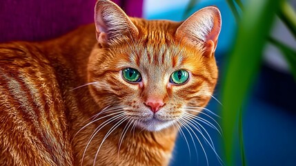 Closeup Portrait of a Curious Orange Cat with Striking Green Eyes and Distinctive Whiskers