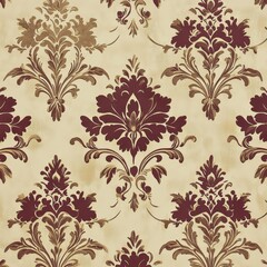 Elegant Damask Pattern in Rich Maroon and Gold Tones on Beige Background