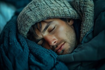 a peaceful man sleeping in a cozy blanket and hat