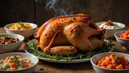 Roasted turkey on the table with sides for Thanksgiving Day  