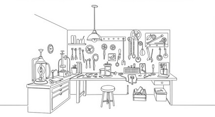 Inventors workshop line drawing, steampunk themed design with clean aesthetic