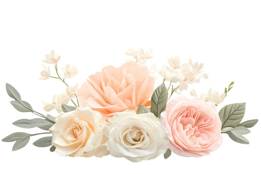 A delicate floral arrangement with roses and light colored leaves on a transparent backdrop, showcasing soft pastel hues