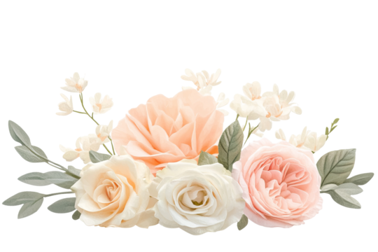 A delicate floral arrangement with roses and light colored leaves on a transparent backdrop, showcasing soft pastel hues