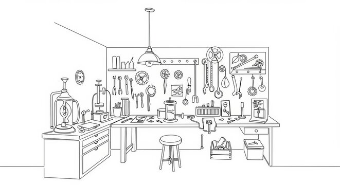 Inventors workshop line drawing, steampunk themed design with clean aesthetic