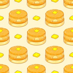 Fluffy Honey Pancakes Breakfast Seamless Pattern Cute Pastel Dessert Illustration