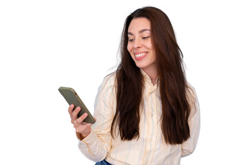 Fototapeta premium Happy businesswoman enjoying using mobile phone, isolated on transparent background, perfect for composites