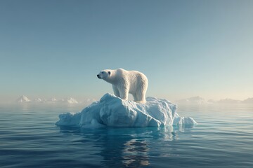 A polar bear standing on a small melting iceberg, surrounded by calm ocean