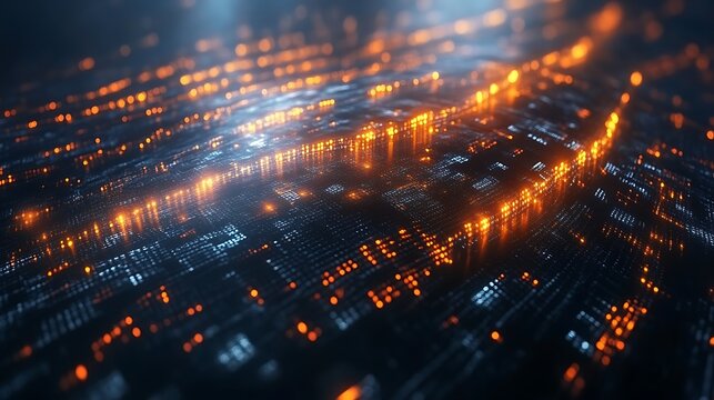 Abstract digital data flow, glowing orange lines on dark tech surface.