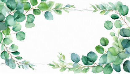 watercolour green eucalyptus frame on white background