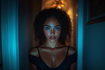 Fototapeta premium An African-American woman stands in her dimly lit hallway, creating an air of intrigue and allure in the quiet atmosphere of night