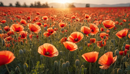 Vibrant poppy flowers bloom in sunlit field, creating stunning landscape