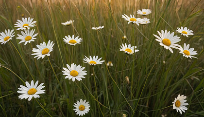 Fototapeta premium White daisies bloom in lush green field, creating serene and cheerful atmosphere