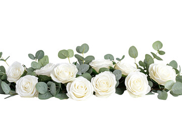 Delicate white roses and leafy greens create a beautiful floral arrangement. Soft, elegant, and classic design on transparent background