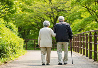 緑の中を二人で寄り添って歩く老夫婦