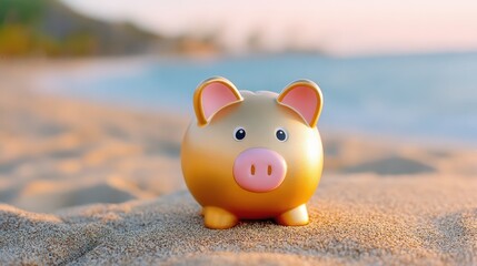 A golden piggy bank sits on sandy beach, symbolizing savings and financial growth against a serene ocean backdrop.