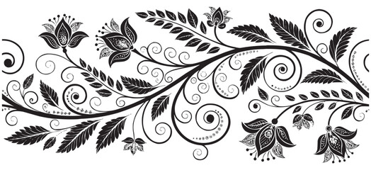 Floral Swirl Border Vector. Ornamental Black and White Botanical Design for Decoration & Print