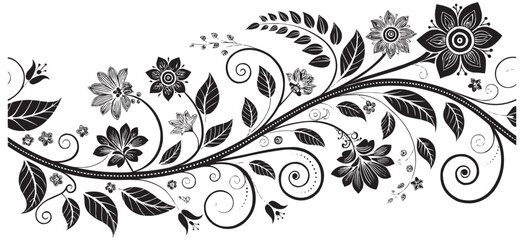 Floral Swirl Border Vector. Ornamental Black and White Botanical Design for Decoration & Print