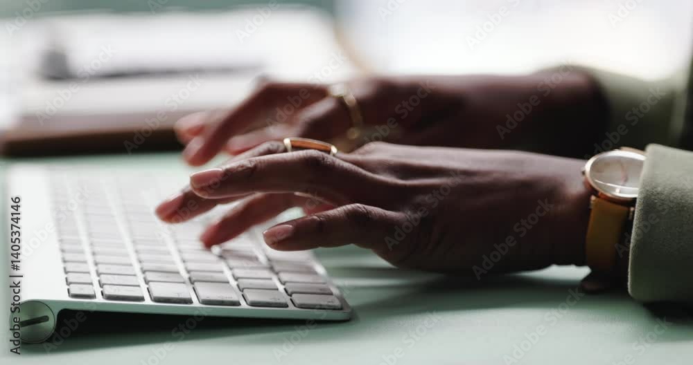Poster Business person, hands and typing on keyboard in office for email, spreadsheet and proposal or application for work. Woman, online and technology with task for drafting, digital notes and report