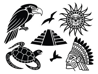 Ancient Mesoamerican Tribal Symbols: Sun, Gods, and Mythic Creatures Vector Set