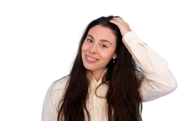 Studio portrait of a young businesswoman touching her hair and smiling on a transparent background