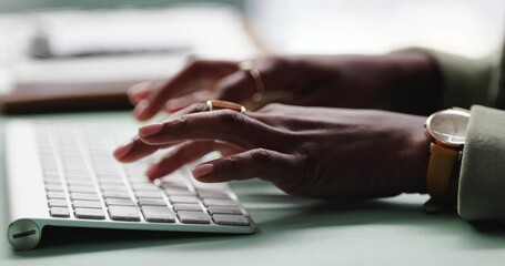 Business person, hands and typing on keyboard in office for email, spreadsheet and proposal or application for work. Woman, online and technology with task for drafting, digital notes and report
