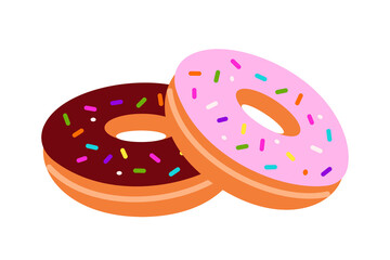 Two donuts with sprinkles featuring chocolate and pink frosted varieties overlapping in a playful composition, perfect for food graphics, dessert advertising, bakery branding, or fun digital content