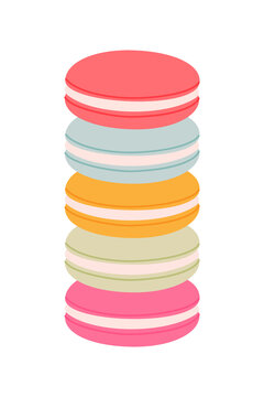 Stack of colorful French macarons in pastel shades including pink, mint green, orange and pistachio, arranged vertically on white background, perfect for bakery marketing, dessert menus, and food blog