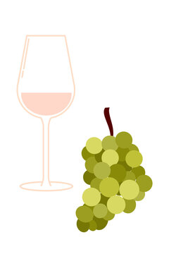 Flat vector illustration of a wine glass filled with white, rose wine beside a bunch of grapes. Perfect for winery branding, food and drink visuals, wine tastings, and elegant dining designs. PNG