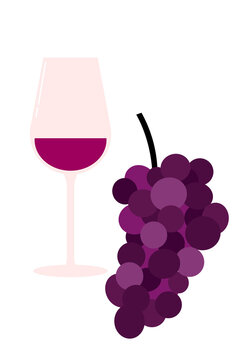 Flat vector illustration of a wine glass filled with red wine beside a bunch of grapes. Perfect for winery branding, food and drink visuals, wine tastings, and elegant dining designs. Isolated PNG